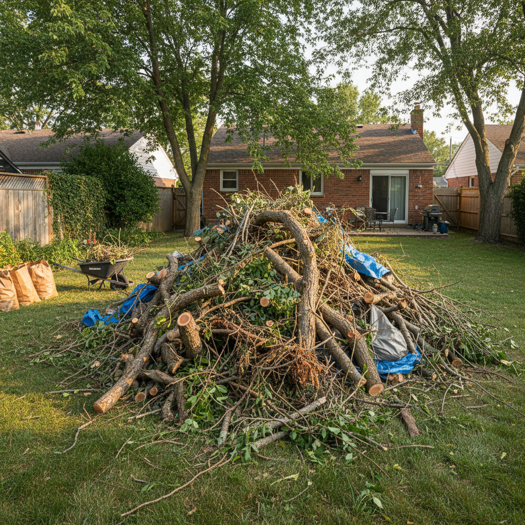 Pile of branches and yard debris being collected