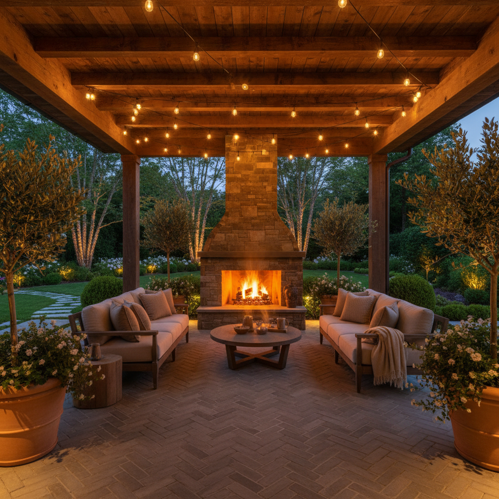 Outdoor covered patio with fireplace and landscape lighting