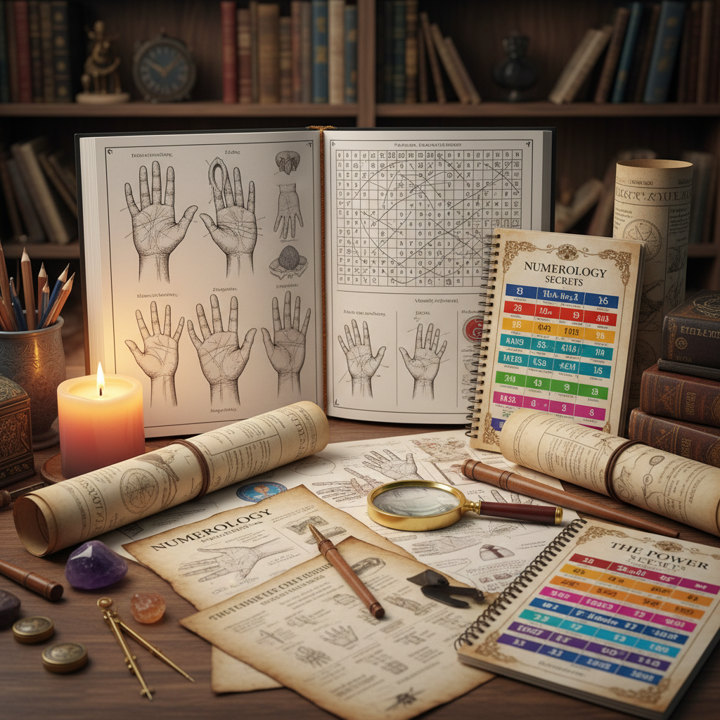 Advanced palmistry and numerology course with hand reading charts and number symbolism guides