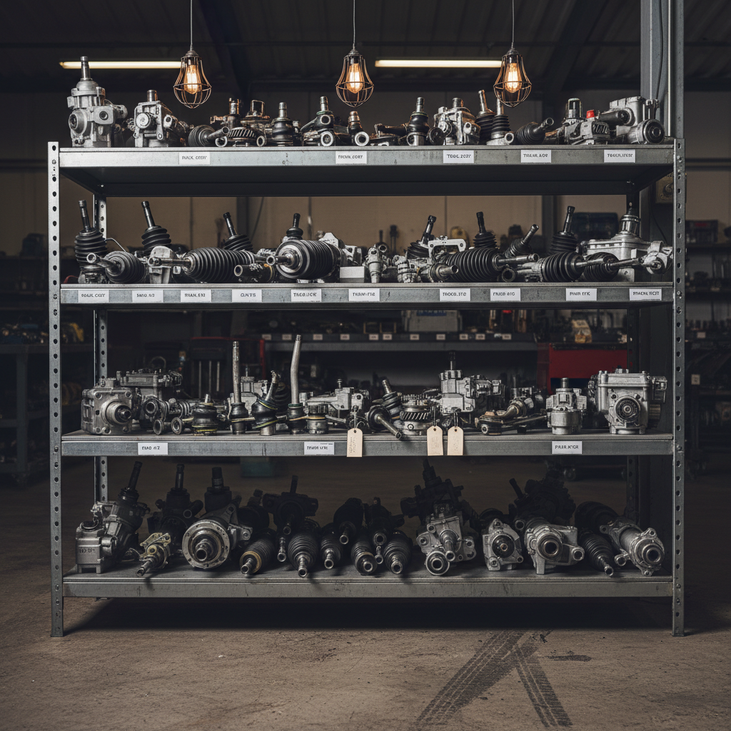 Organized metal shelving with agricultural spare parts, steel components, bright workshop lighting