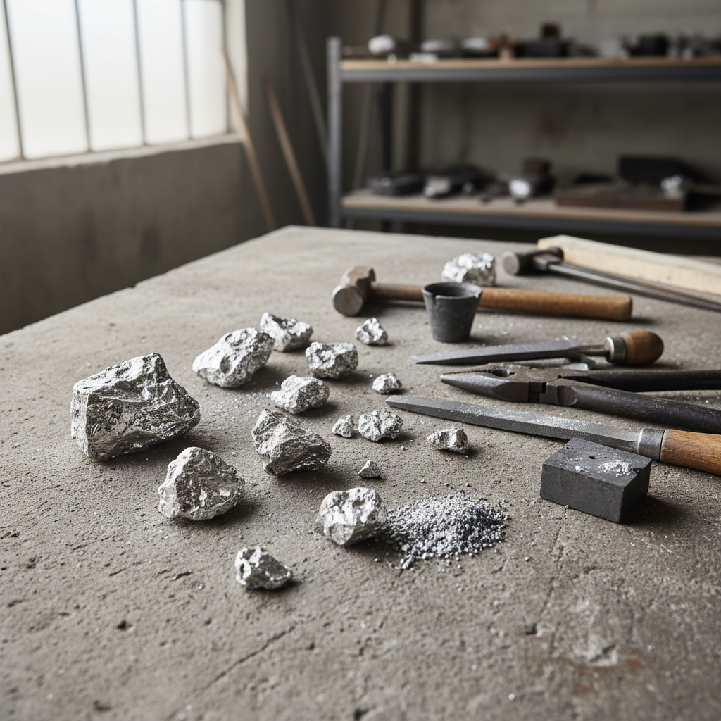 Raw silver materials scattered on concrete workbench with tools