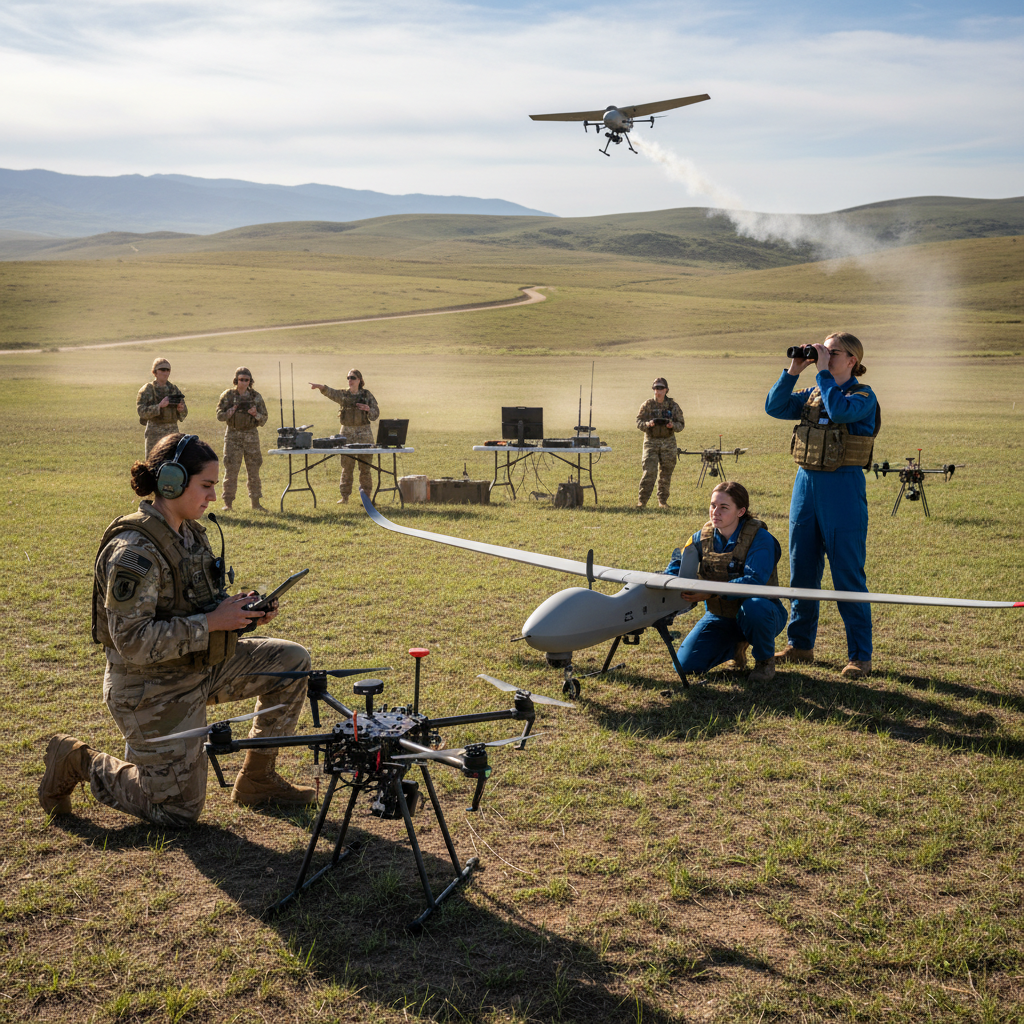 Group of drone pilot trainees in outdoor field training session with UAVs