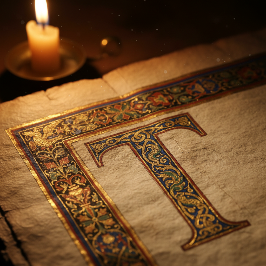 Open ancient manuscript with handwritten script, warm candlelight