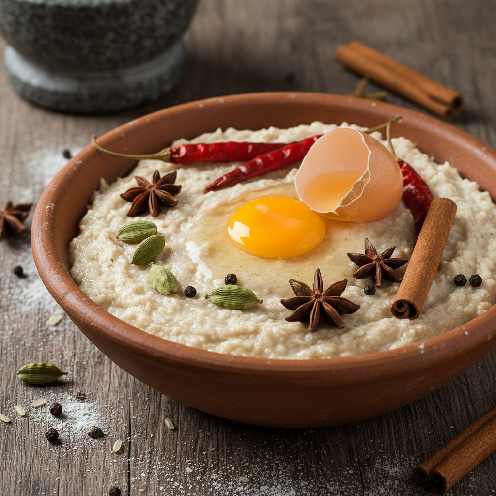 Raw rice batter in clay bowl with cracked egg and whole spices on wooden surface