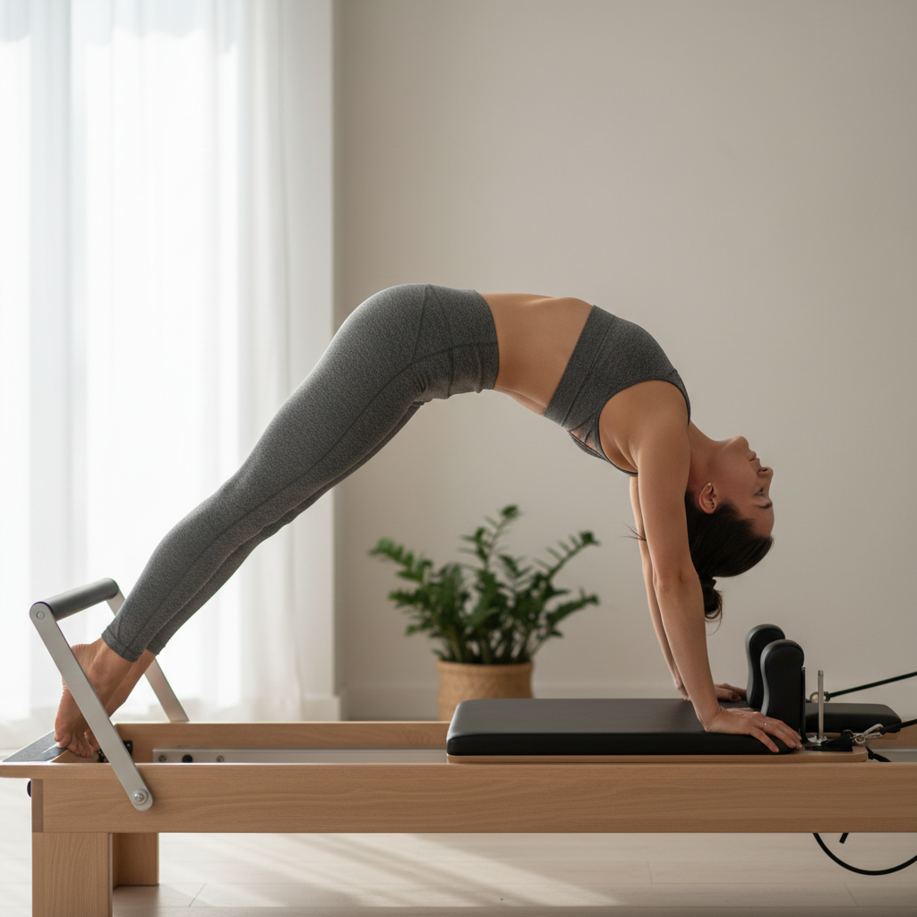 Woman doing Pilates bridge pose on reformer machine showing core strength
