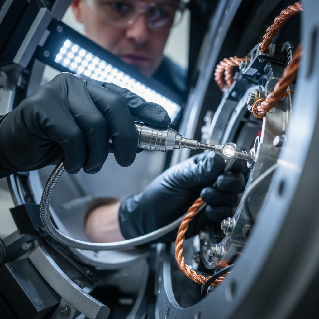 Technician with gloved hands operating borescope equipment inside industrial machinery nacelle