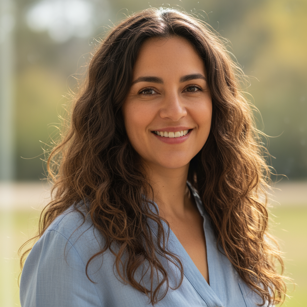 Hispanic woman in her thirties with long brown hair smiling warmly in casual blue sweater