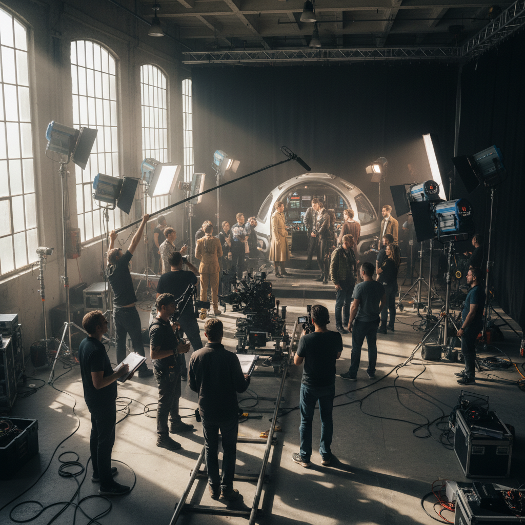 Futuristic sci-fi film set with neon lighting, advanced technology props, and actors in modern costumes