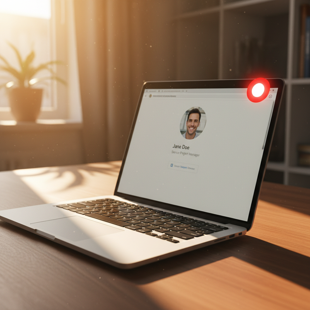 Laptop open at golden hour showing a LinkedIn profile with a red notification dot