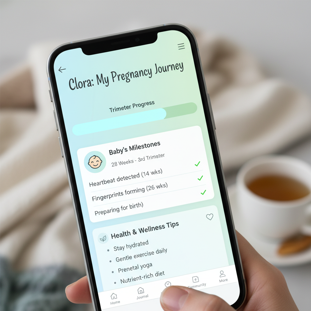 Pregnancy tracking interface on Clora app displaying trimester progress, baby development milestones, and health tips for expectant mothers