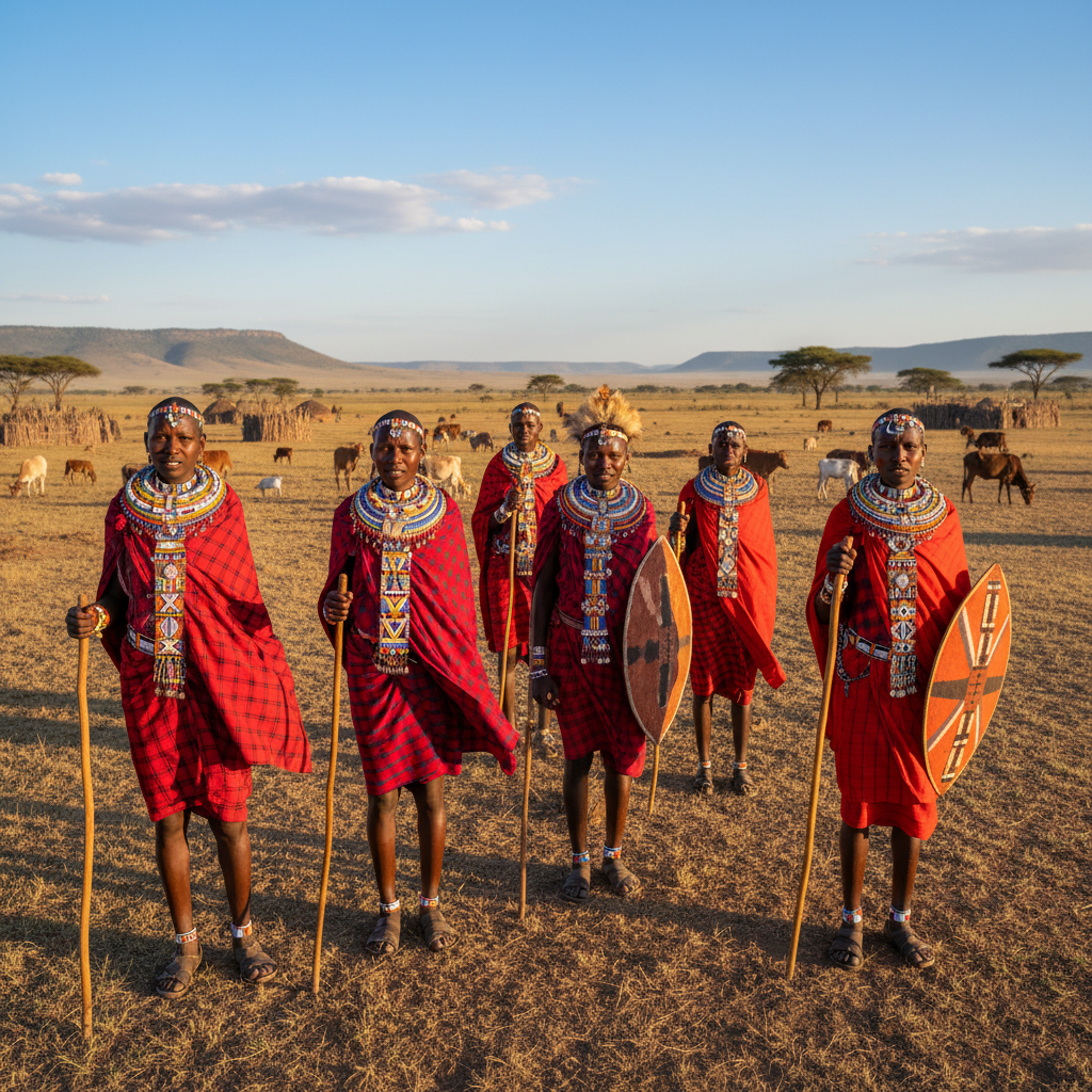 Maasai community members in vibrant red shukas against open savanna, bright midday sun, dignified and proud expressions