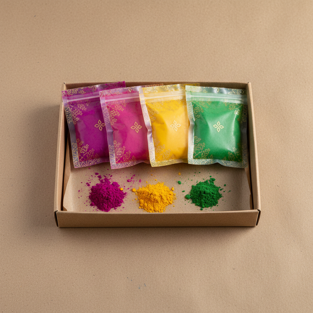 Classic Holi gift box with five colourful gulaal packets in magenta, yellow, and green on kraft paper