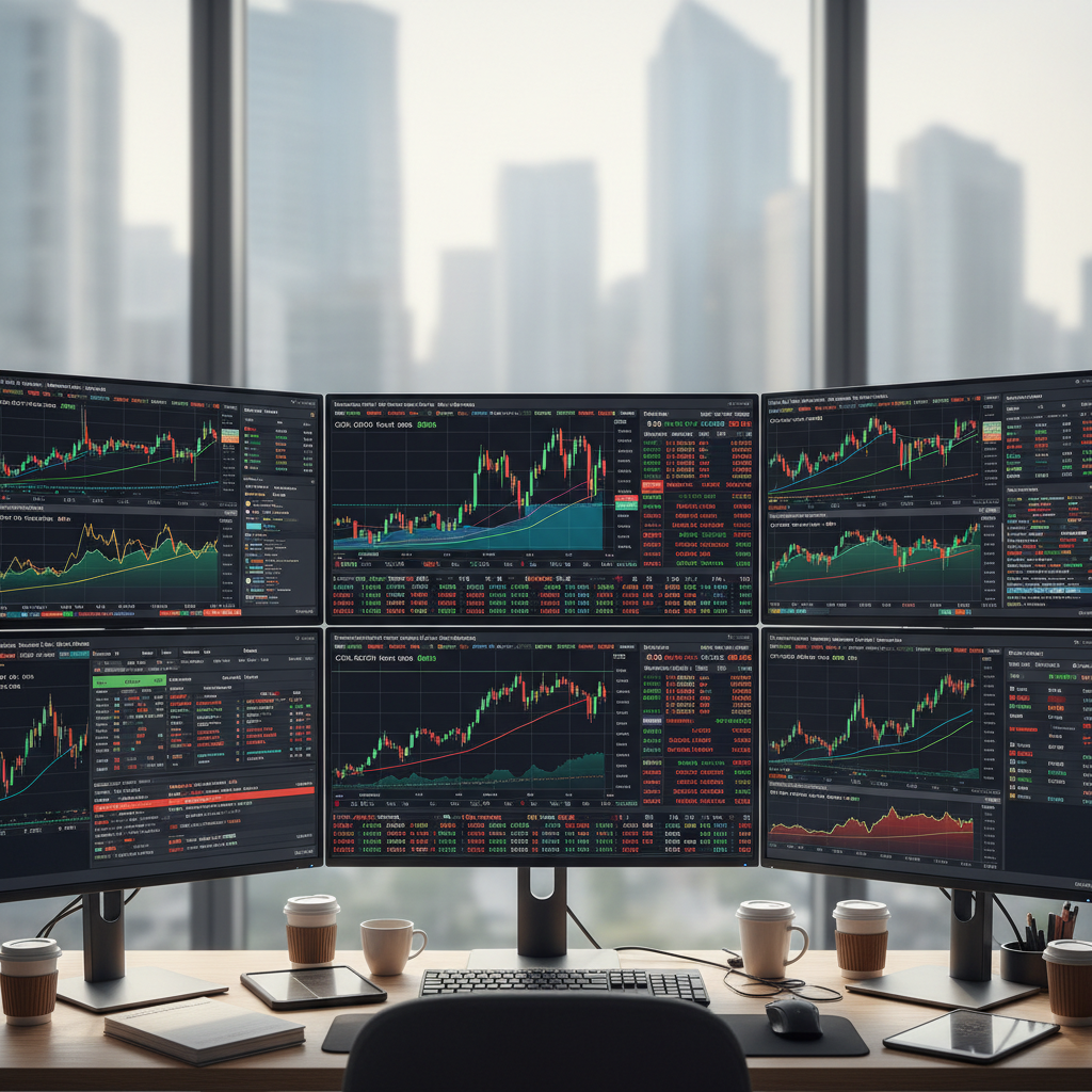 Financial trading screens showing commodity price charts and market data