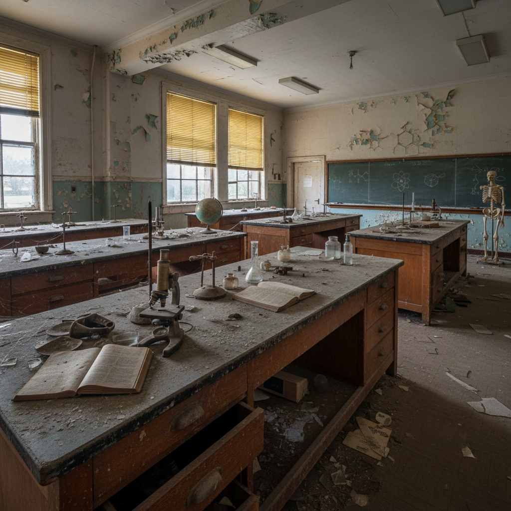 Cluttered outdated classroom desk with papers, dim overhead fluorescent lighting, gray walls, messy background