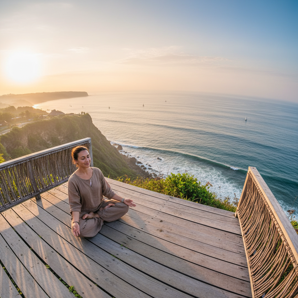 Person meditating in lotus position on wooden overwater deck at sunrise, calm turquoise ocean surrounding the platform, golden light on horizon