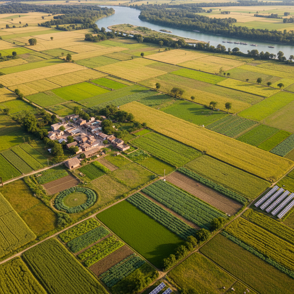 Aerial view of 40 bighas of fertile agricultural land at Omer Cottage showing diverse crop patterns, sustainable farming practices, and the Ghaghara river flowing alongside
