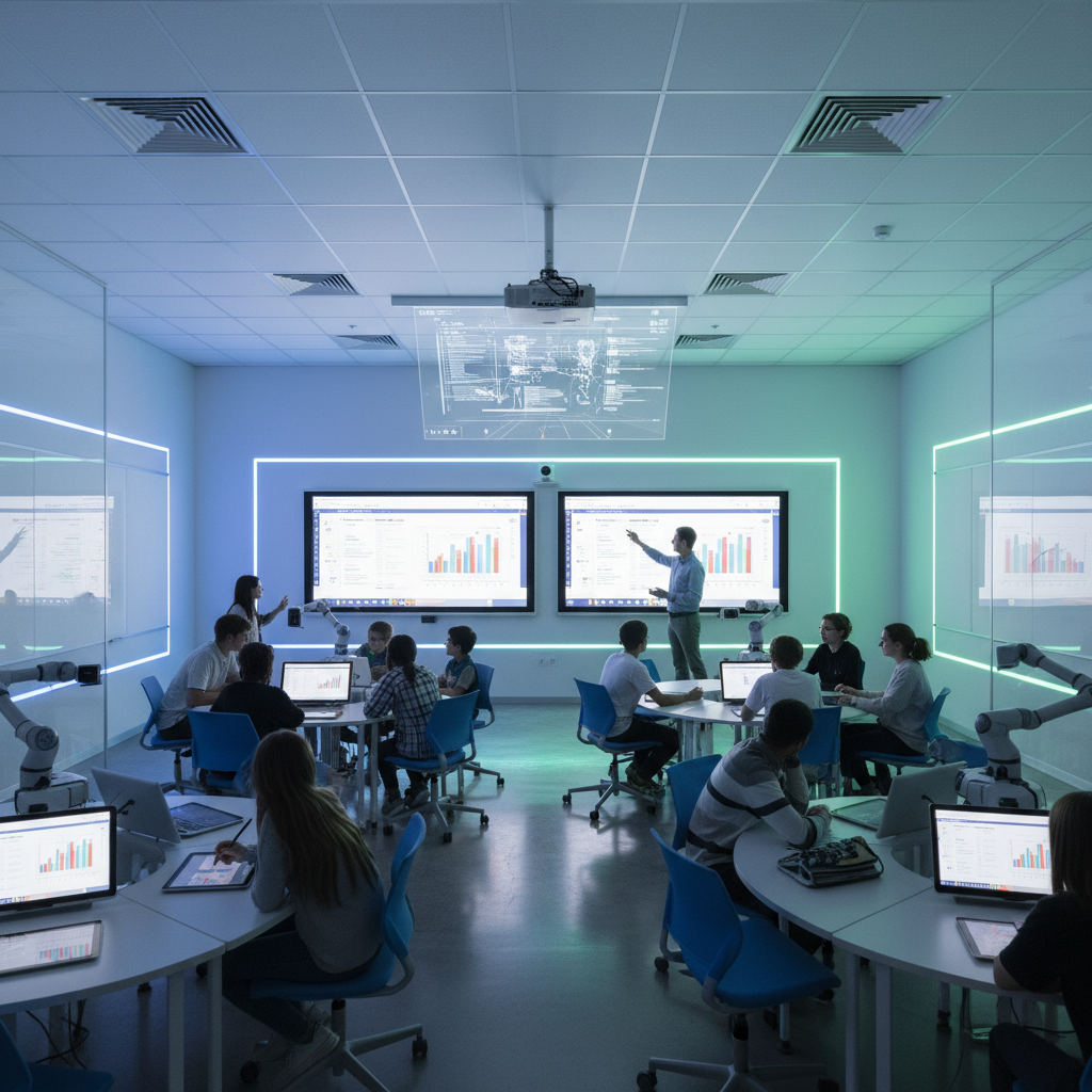 Bright modern school classroom with students and technology