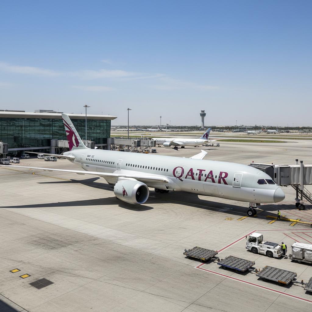 Qatar Airways aircraft with burgundy and white color scheme at international airport