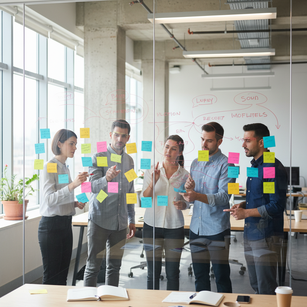 Brand strategy workshop with colorful sticky notes on a glass wall