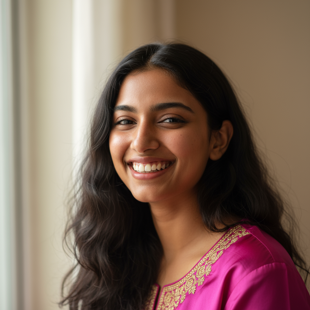 South Asian woman with bright smile and dark hair