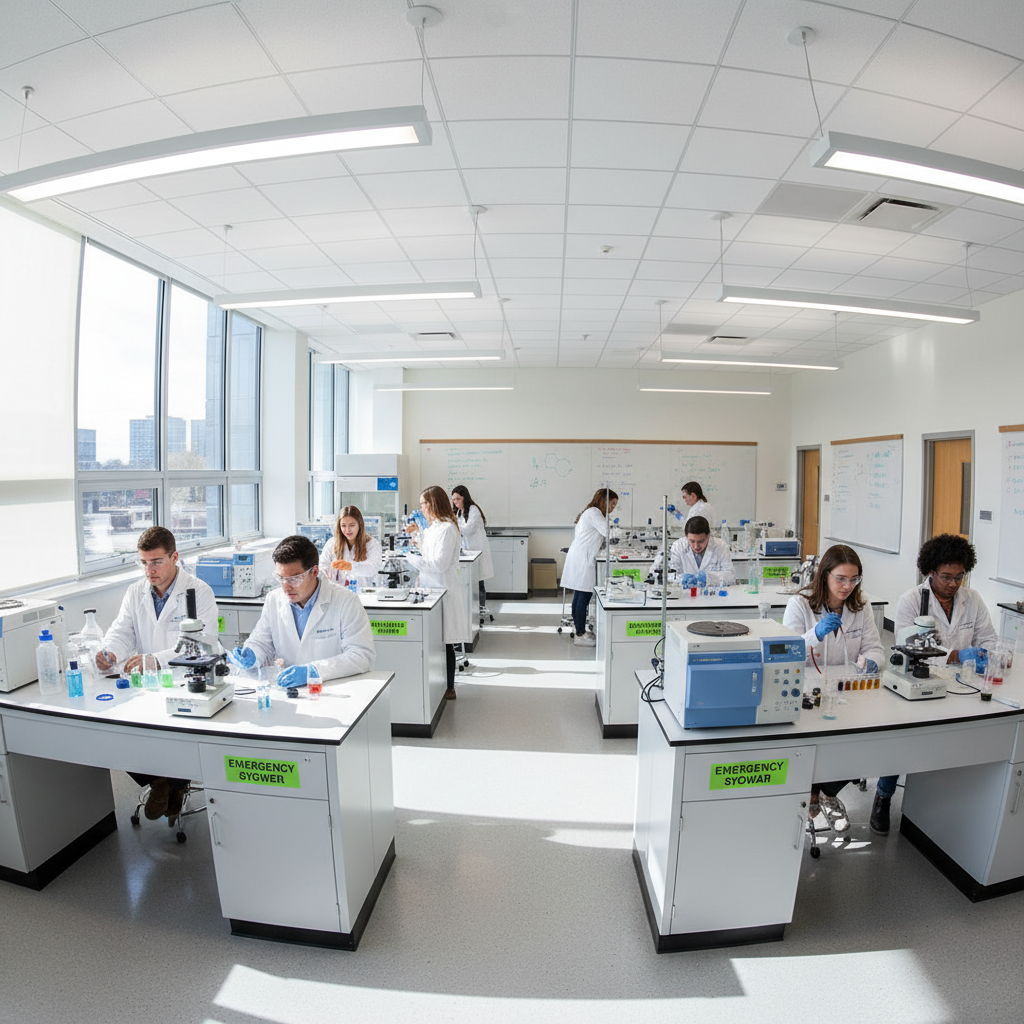 Bright modern school chemistry laboratory with lab benches, equipment, and safety features in a well-lit room
