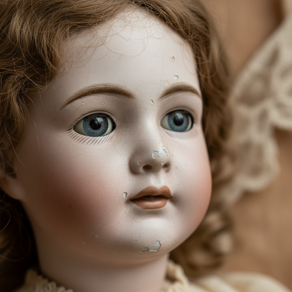 Antique doll with naturally worn facial features showing decades of gentle handling and patina of age