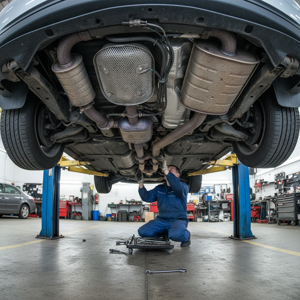 Mechanic inspecting catalytic converter underneath a vehicle on a lift, shop lighting illuminating the exhaust system