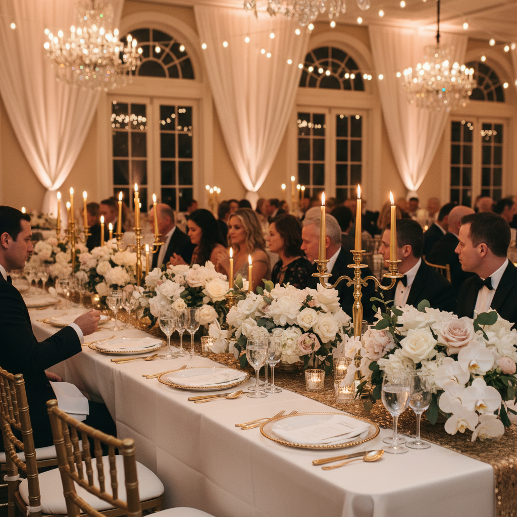 Table de banquet décorée pour un souper de gala avec bougies et verres à vin