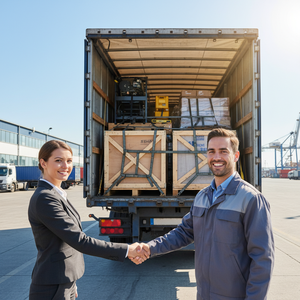 Zufriedener Geschäftskunde schüttelt Spediteur die Hand vor beladenem LKW