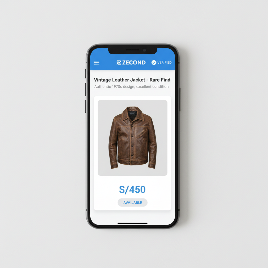 Teléfono mostrando la app ZECOND con artículo verificado disponible por S/450