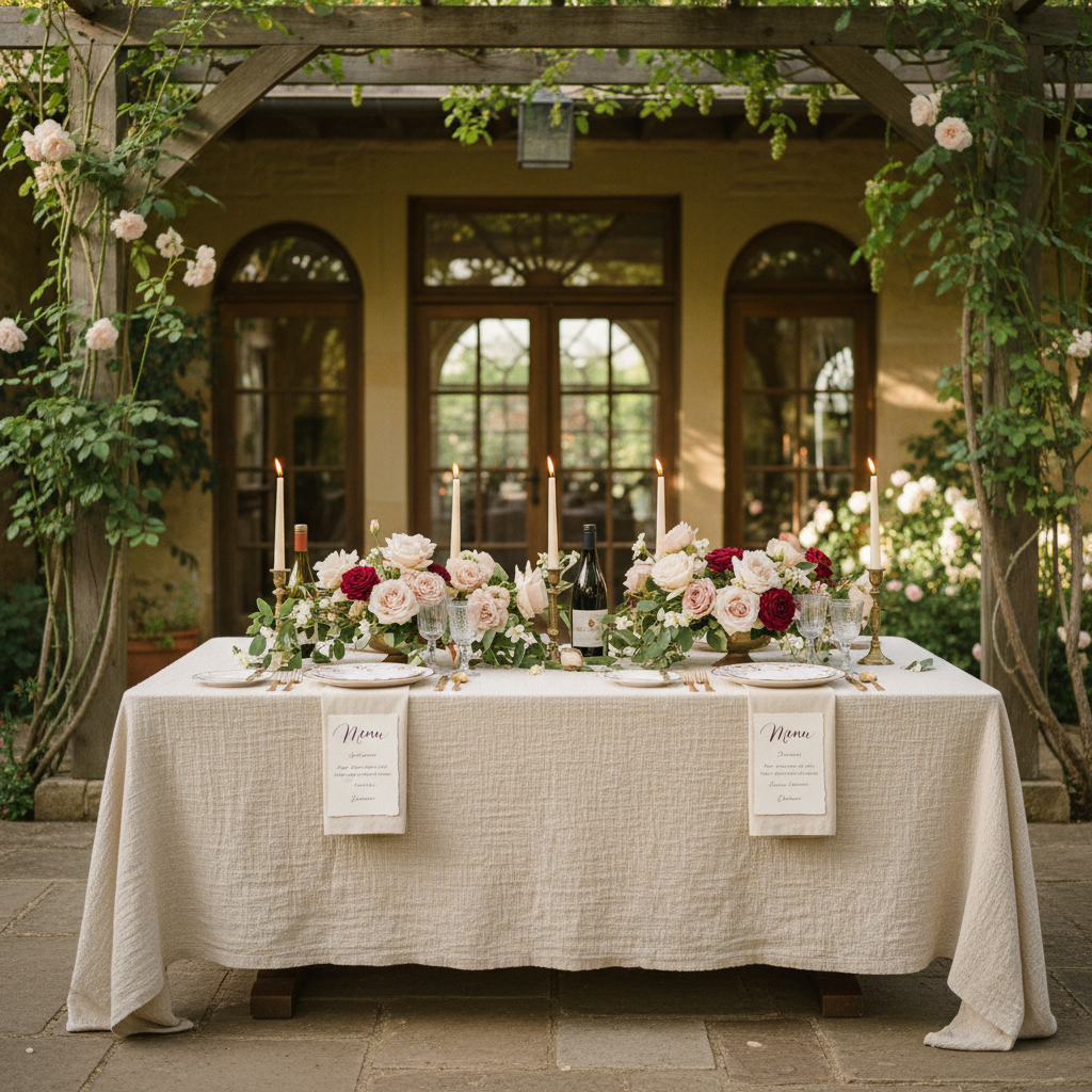 Intimate dining table set for six with tapered candles, garden roses and calligraphed menus on a linen cloth