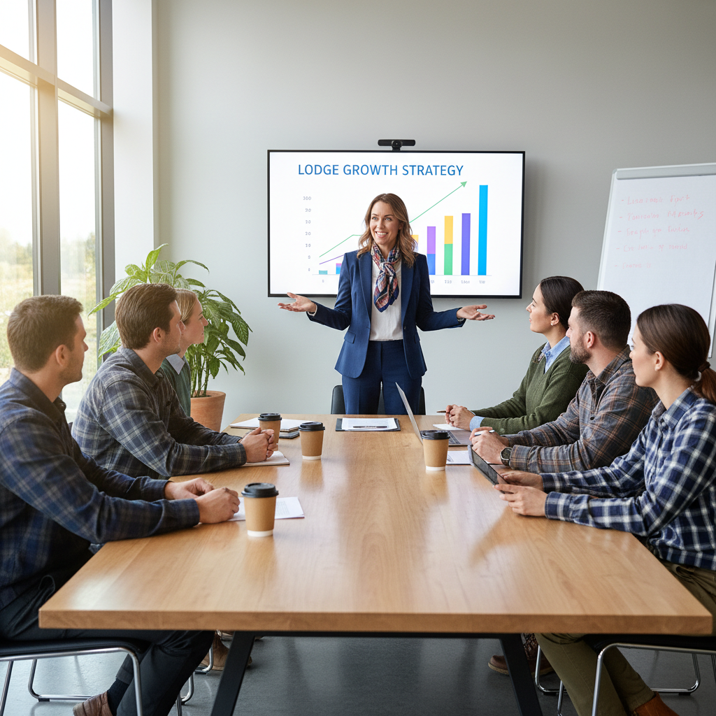 Professional business meeting with consultants presenting strategy on whiteboard