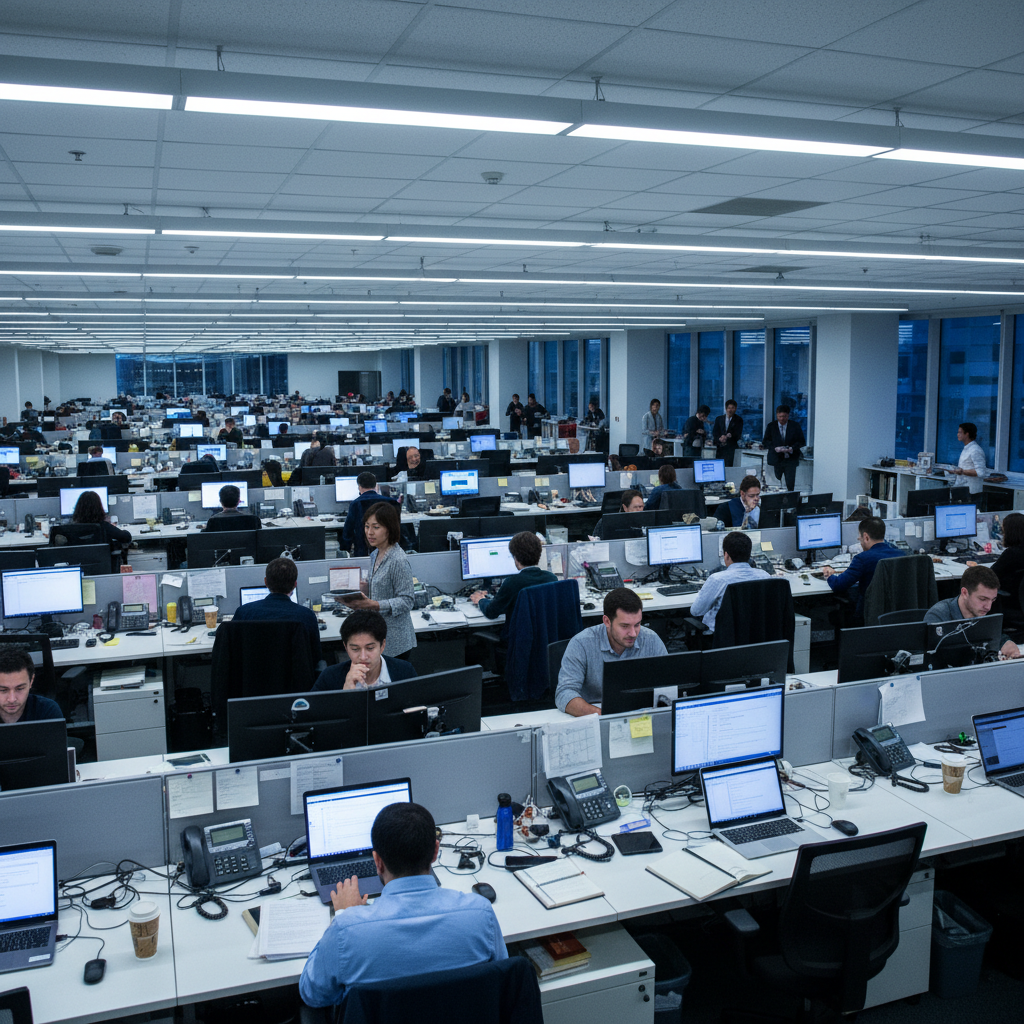 Fluorescent office with crowded desks and laptop screens