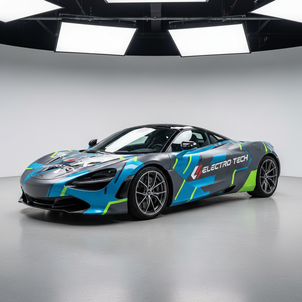 Luxury sports car with gloss black vinyl wrap, dramatic studio lighting, dark atmospheric background