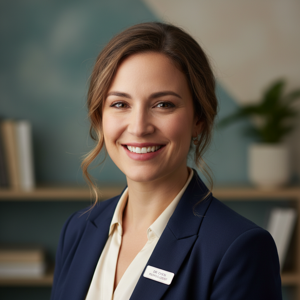 Female psychologist in calm office setting, warm natural light, soft cream walls, professional attire