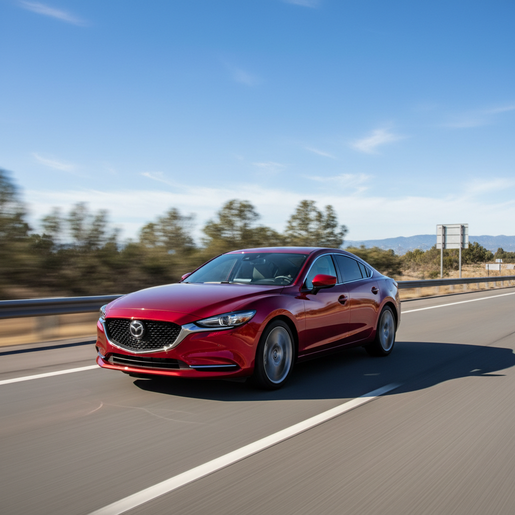 Modern blue sedan on an open highway during daytime, clear sky, open road ahead, confident driving mood