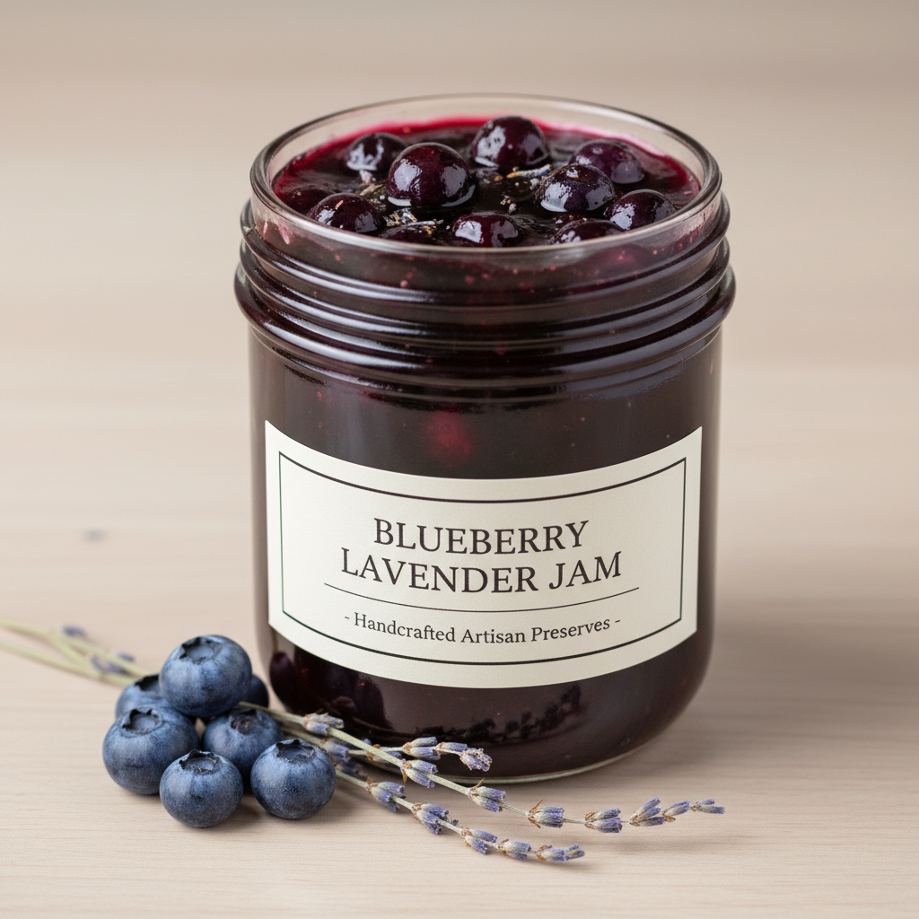 Glass jar of deep purple blueberry lavender jam with handwritten label on a wooden table
