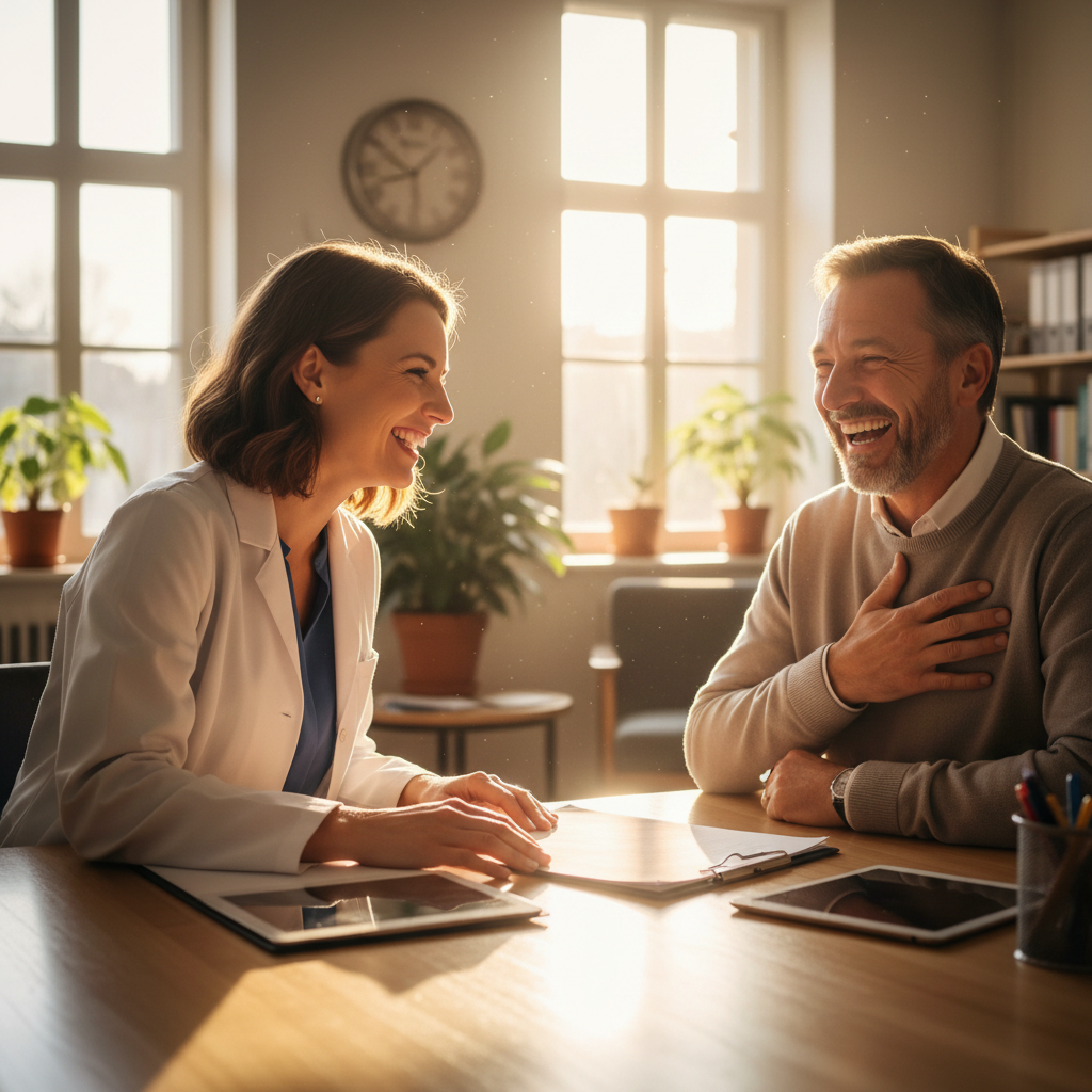Bright, airy clinic consultation room with large windows, warm natural light, two people seated in calm discussion