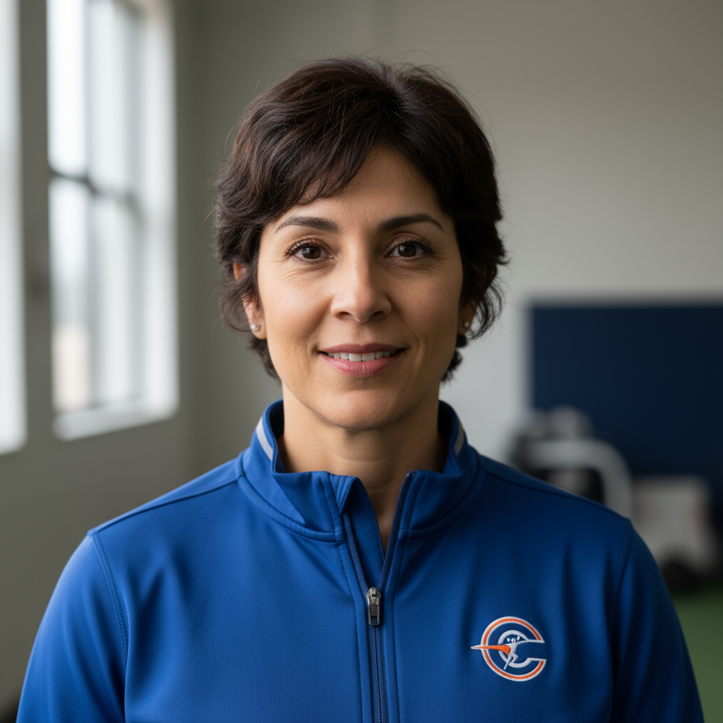 Professional headshot of Emma Rodriguez, Hispanic female coach with dark hair in burgundy blazer