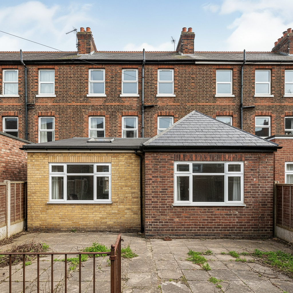 Victorian terraced house rear elevation showing two previous extensions in mismatched brick