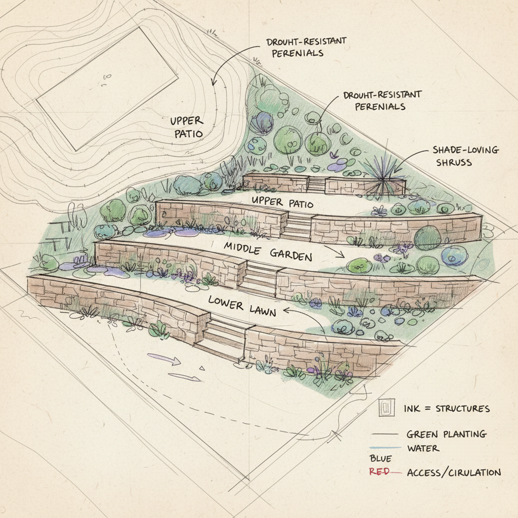 Hand-drawn landscape architecture sketches showing retaining wall placement, terrace levels, and planting zones overlaid on site plan