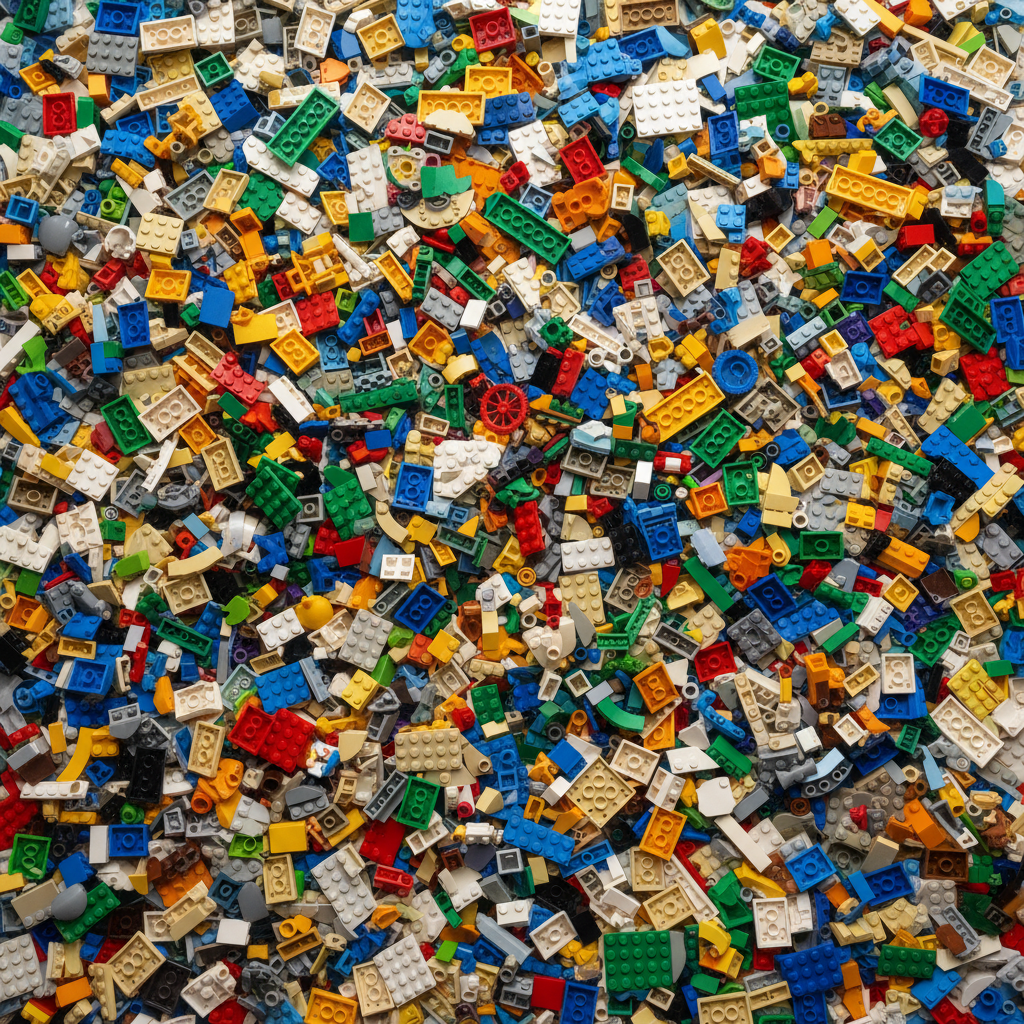 Thousands of colorful LEGO bricks filling the frame edge to edge, shot from directly above like a mosaic