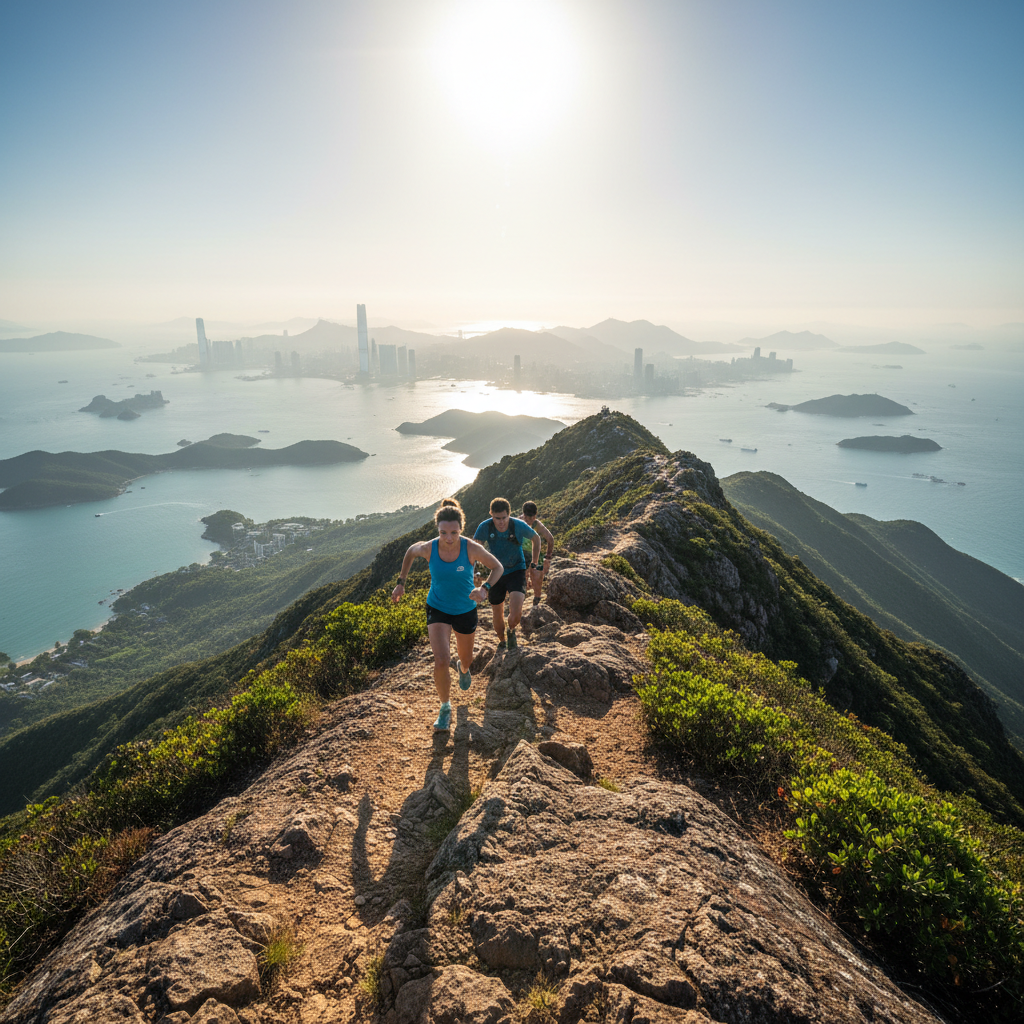 Trail runners on a ridgeline with panoramic view of Hong Kong coastline and islands below