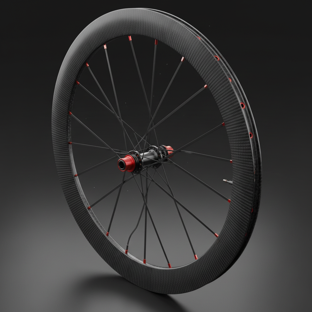 Deep section carbon clincher wheel with red spoke nipples on black background