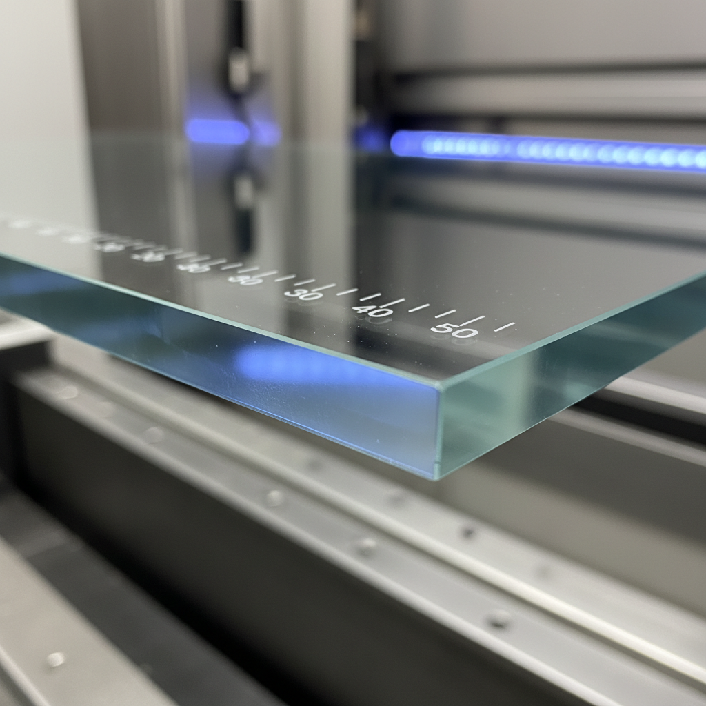 Close-up of freshly CNC-cut glass edge with precise polished bevel and measurement markings