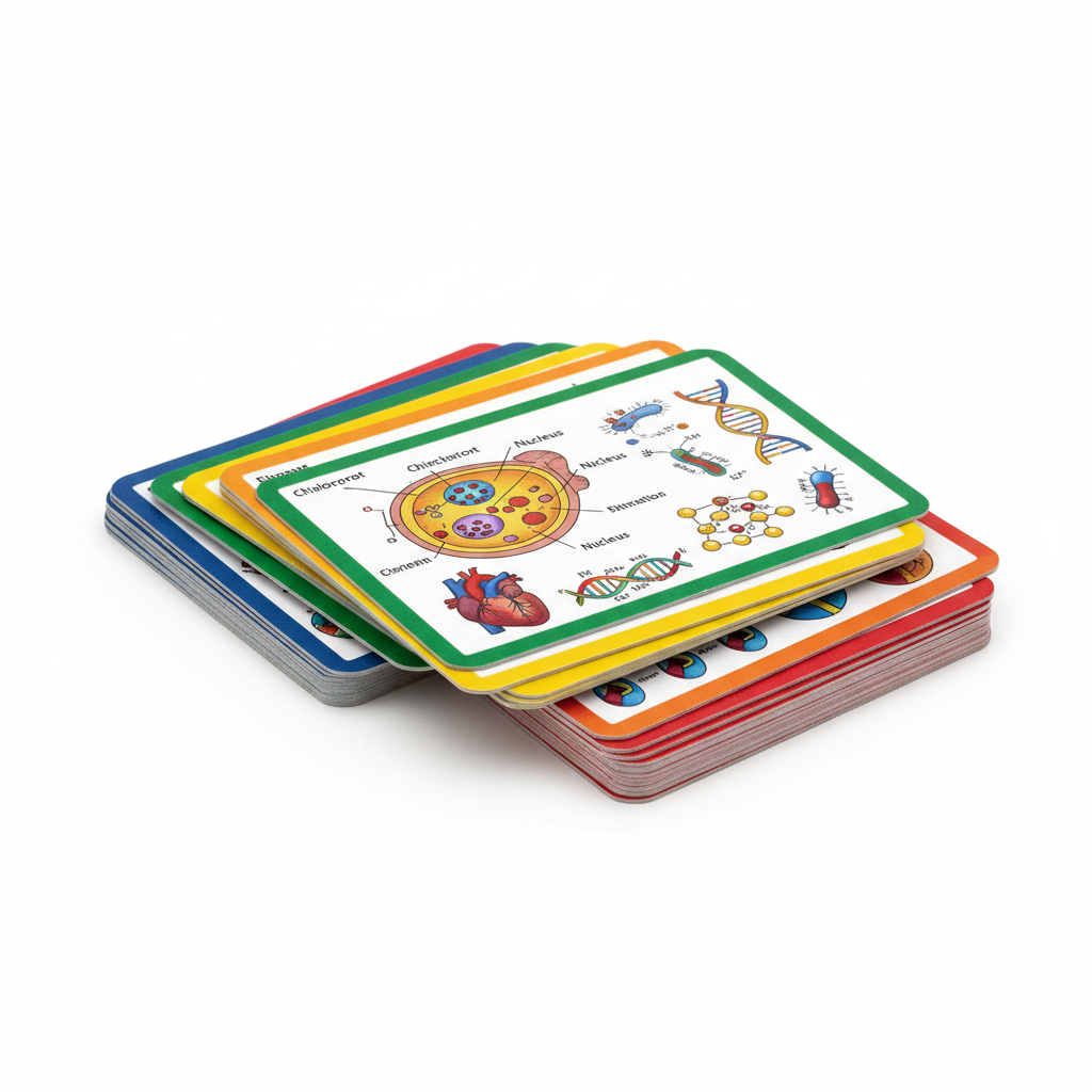 Colorful science vocabulary cards with diagrams of planets, animals and lab equipment