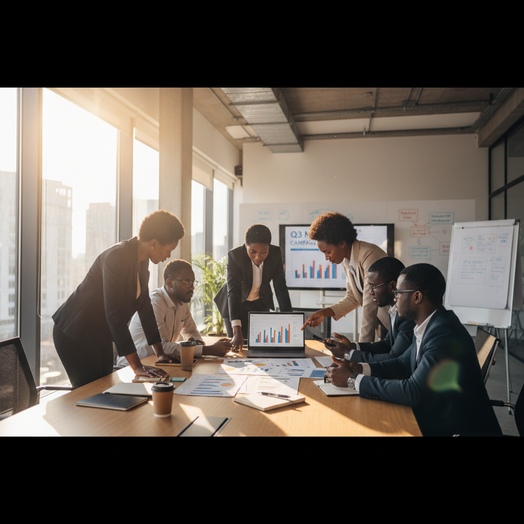 African business professionals collaborating on laptops in a bright modern office in Mozambique