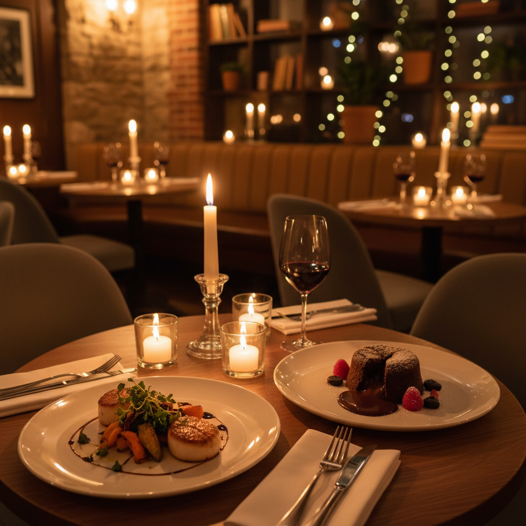 Atmospheric restaurant interior with warm candlelight, dark wood tables, and carefully plated dishes in a moody intimate dining room