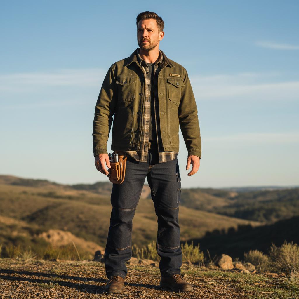 Jordan Pierce in Crestline Apparel campaign shoot, wearing workwear collection outdoors