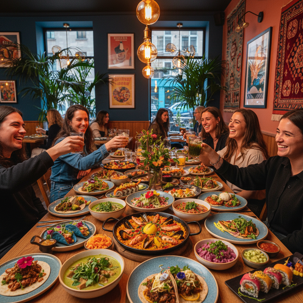 Friends sharing food and drinks at a modern restaurant, cheerful group, vibrant atmosphere